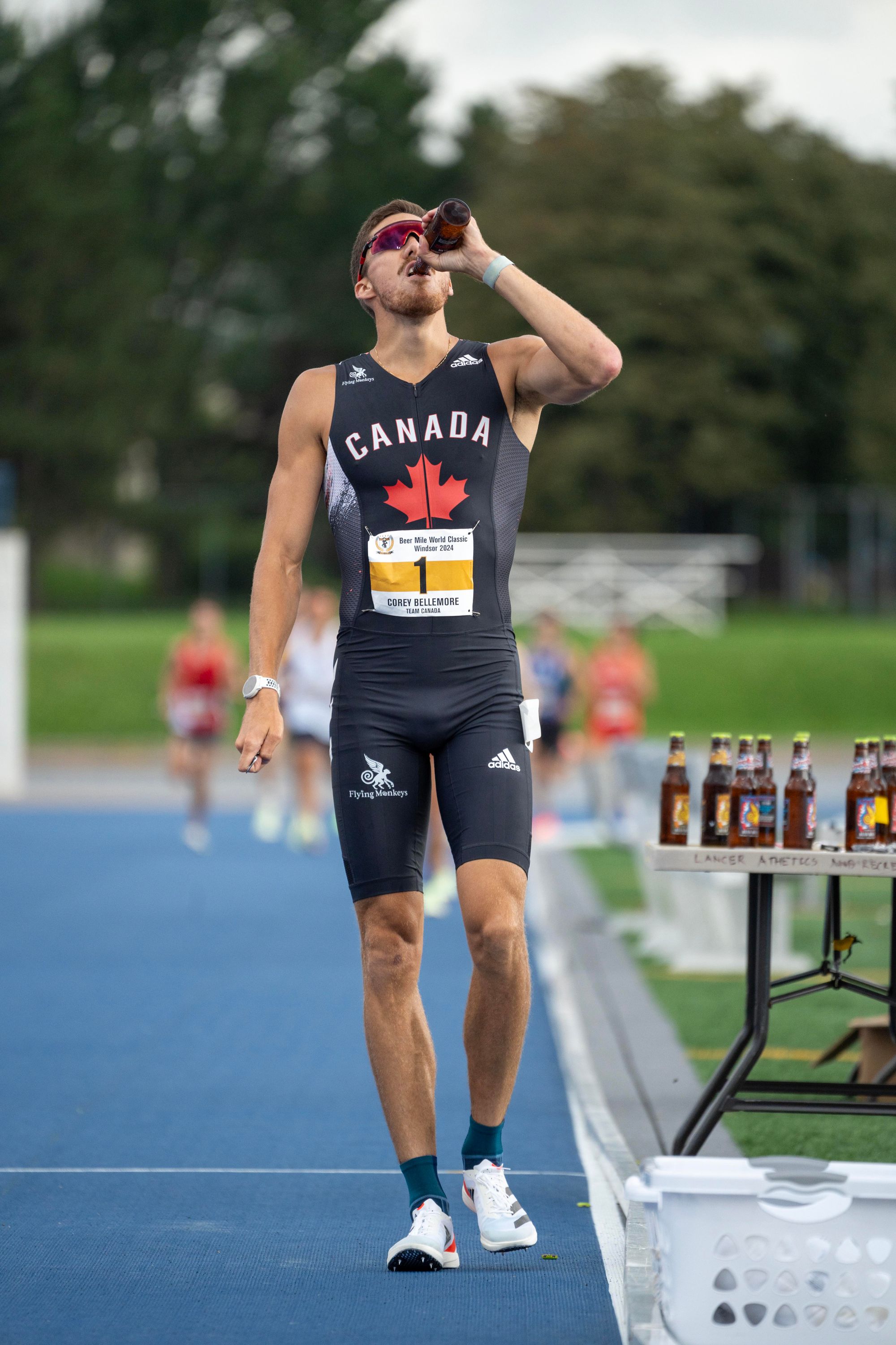 Corey Bellemore in the chug zone at the 2024 Beer Mile World Classic